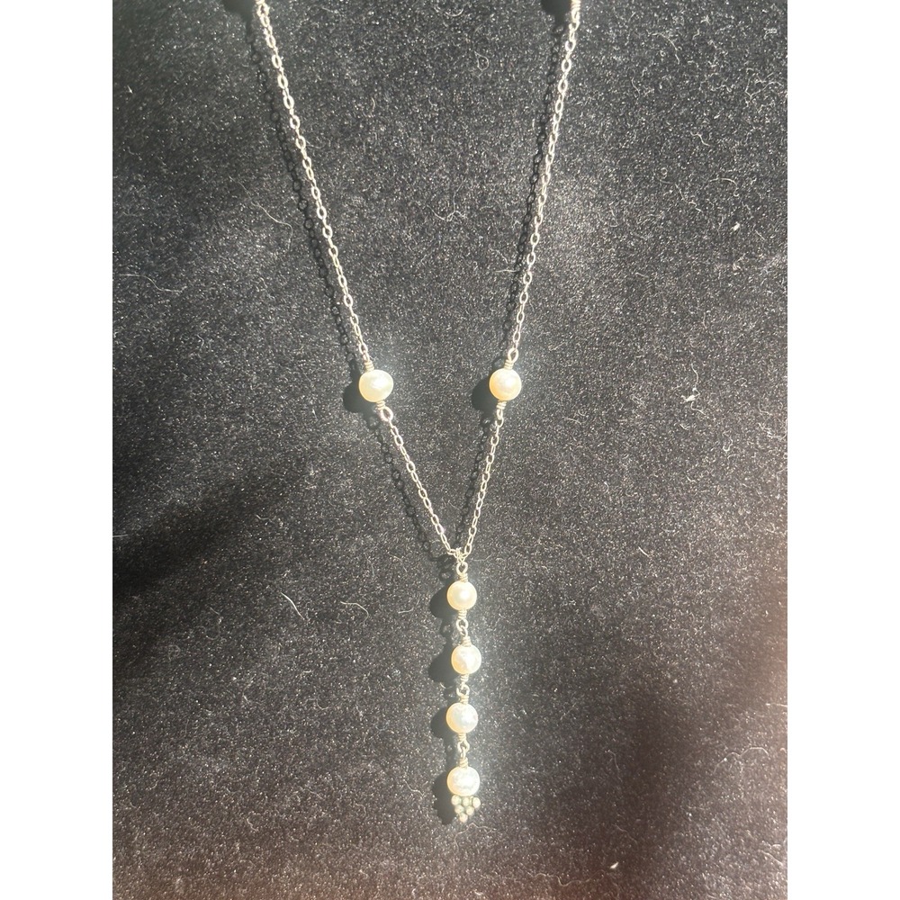 Sterling Silver Necklace With Pearls 15 Inch Long W/2" Drop